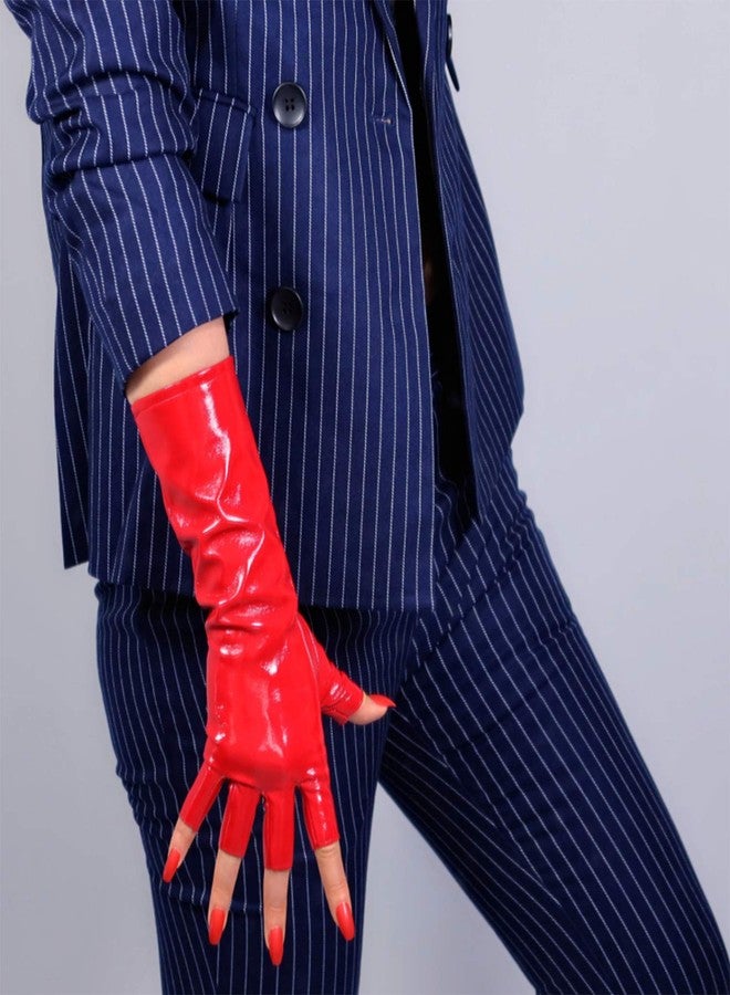 DooWay Half Finger Long Leather Glove for Women Motorcyle Punk Faux Patent PU above Wirst 11 inches Hot Red - Image 2